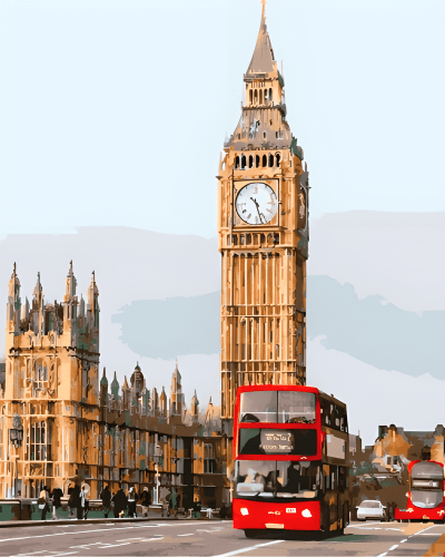 autobuz cu turisti pe sosea in fata Big Ben-ului din Londra